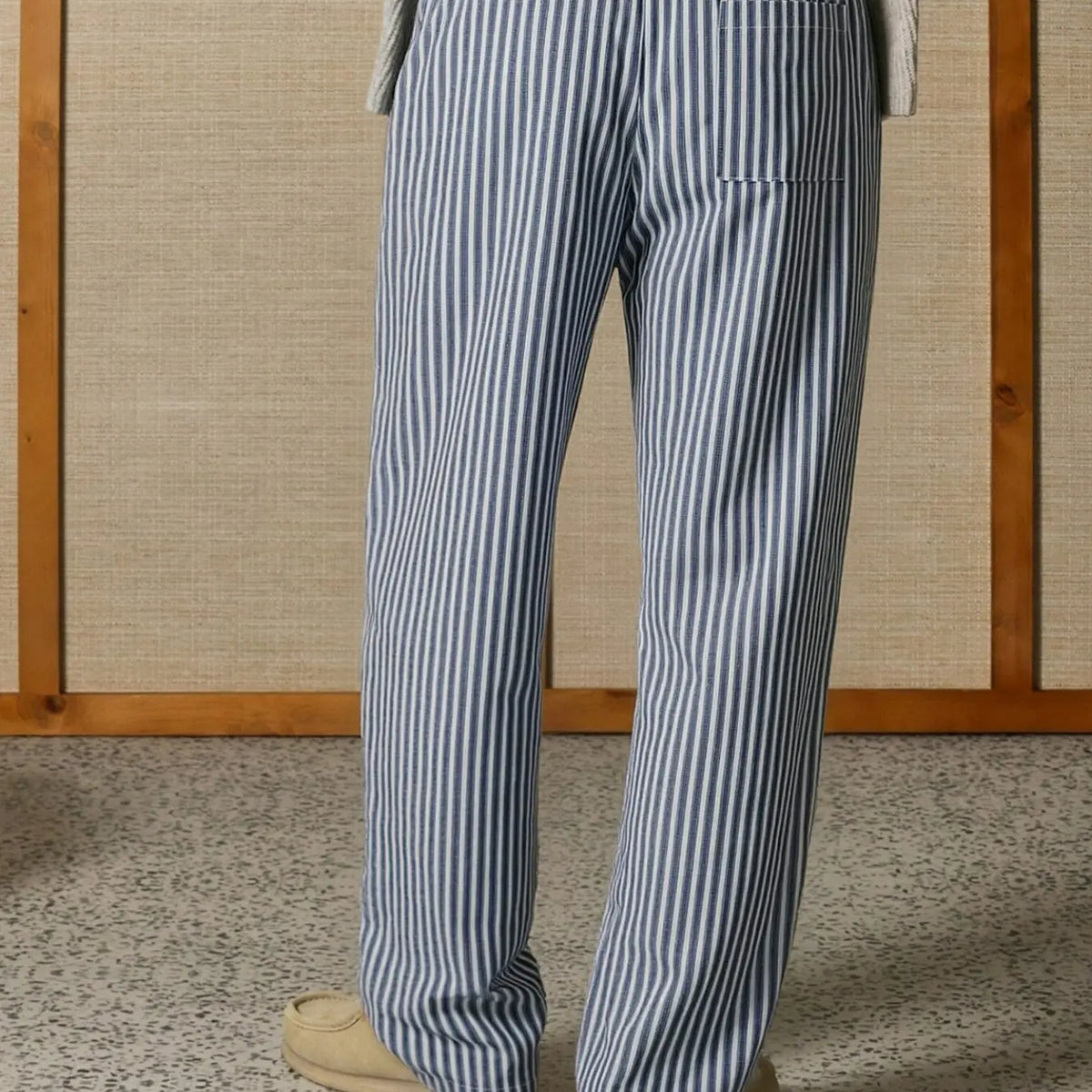 Men's Casual Striped Pants Breathable Cotton Linen Drawstring Elastic Waist Straight Leg Trousers For Men Lounge Work Outdoor