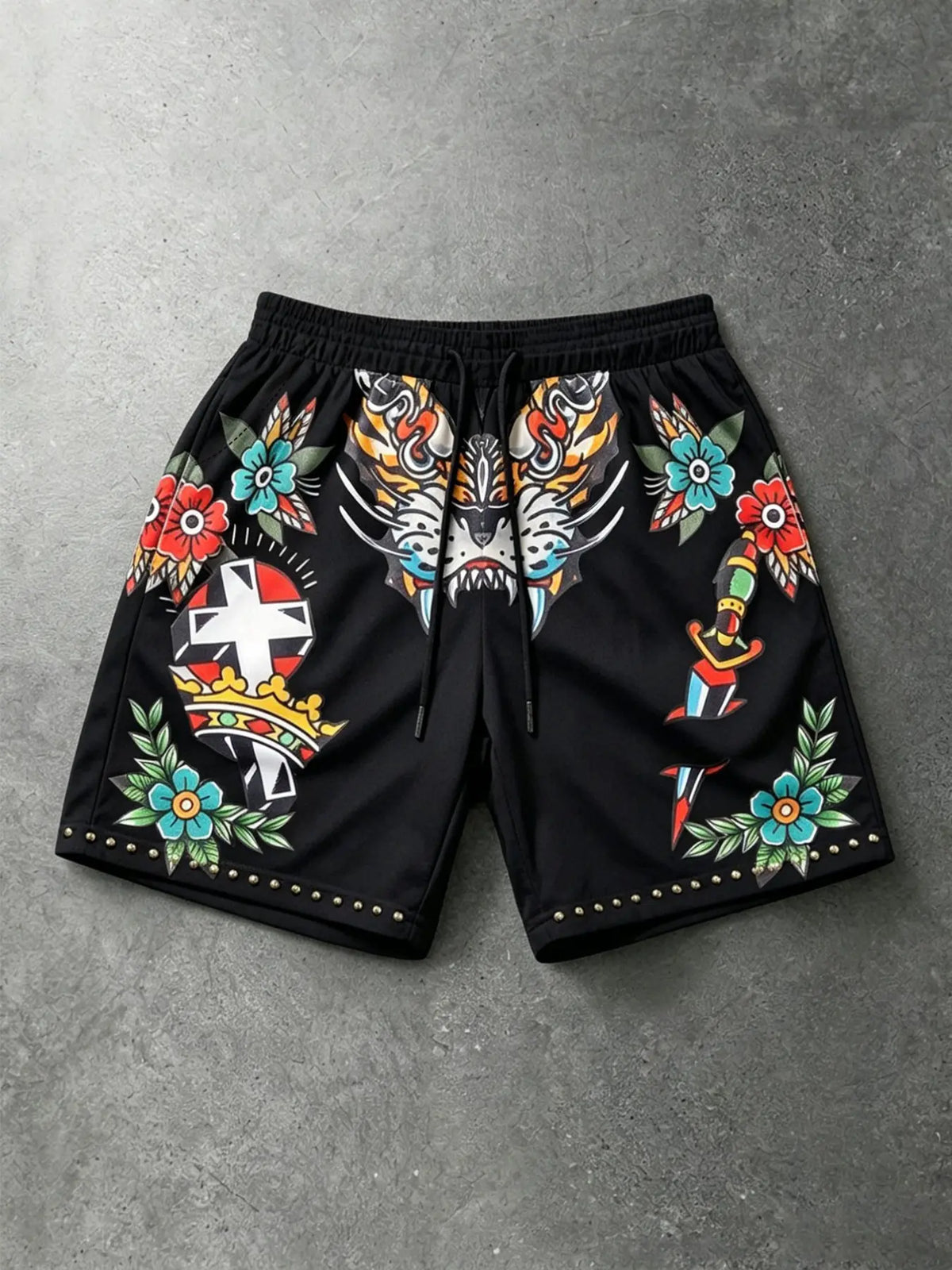 Men's Old School Tattoo Graphic Printed Mesh Shorts, Fashionable Summer Shorts, Rivet Trim Drawstring Streetwear Shorts, Breathable Lightweight Sports Shorts, Lightweight Casual Shorts