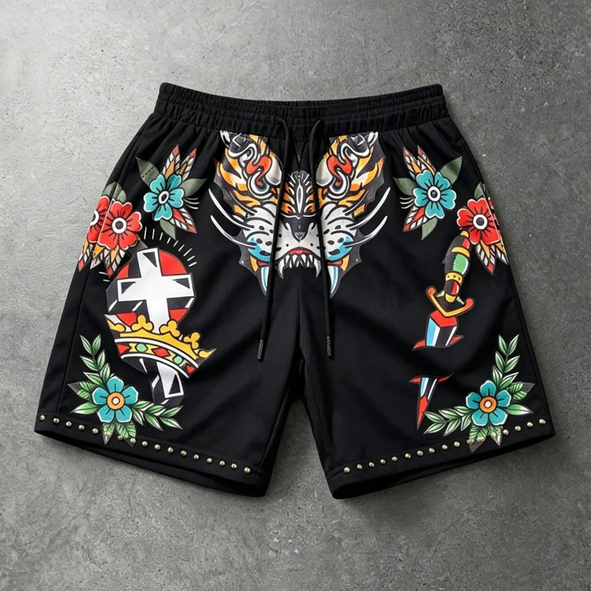 Men's Old School Tattoo Graphic Printed Mesh Shorts, Fashionable Summer Shorts, Rivet Trim Drawstring Streetwear Shorts, Breathable Lightweight Sports Shorts, Lightweight Casual Shorts