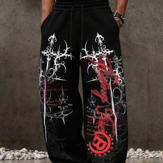 Men's Gothic Tribal Print Baggy Sweatpants - Black Wide Leg Joggers with Red Tattoo Style Graphic, Elastic Drawstring Waist Streetwear Pants Casual Comfy Drawstring for Gen Z Skatewear & Y2K Grunge Aesthetic All Seasons Trousers