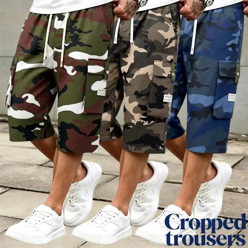 Men's 3-piece Camo Cargo seven-quarter trousers Capriers – Multi-Pocket Design, Drawstring Waistband, Casual Streetwear Shorts, Perfect for Everyday Wear & Urban Styling SpringStatements