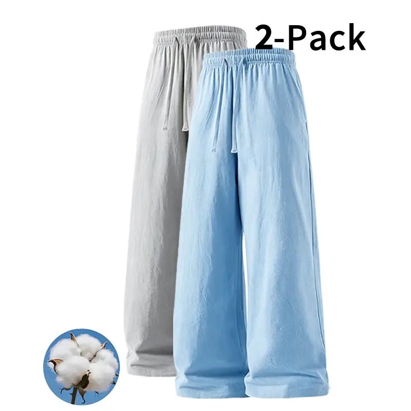 Men's 2-Pack Casual Linen-Cotton Blend Drawstring Pants, Baggy Fit, Lightweight, Anti-Wrinkle, Non-See-Through Menswear Trousers