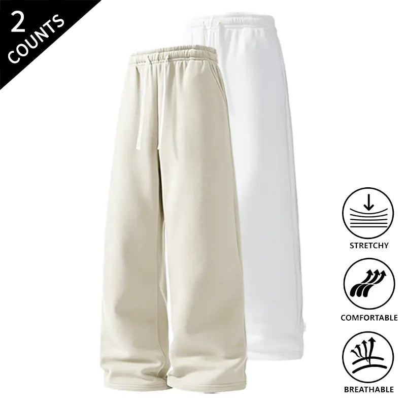 Men’s 2-Pack Baggy Sweatpants - Mid-Waist Plain Casual Straight-Leg Menswear Pants with Drawstring Waist, Comfortable, Stretchable, Breathable, Ideal for Loungewear, Travel