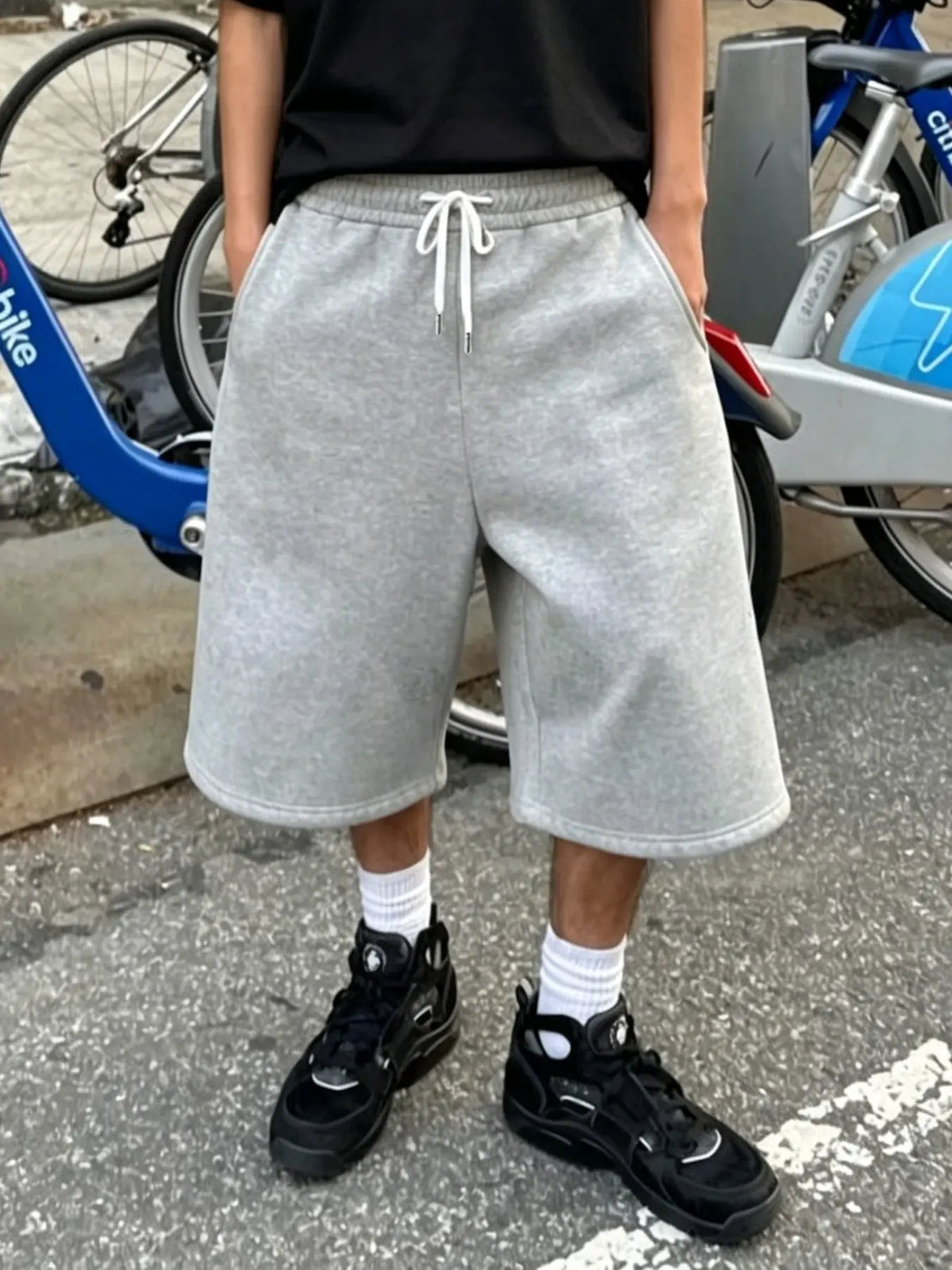 Solid Color Plain Casual Baggy Three-Quarter Pants, Comfortable Stretch Fabric, Streetwear Style, Unisex, Five Sizes Available, Man