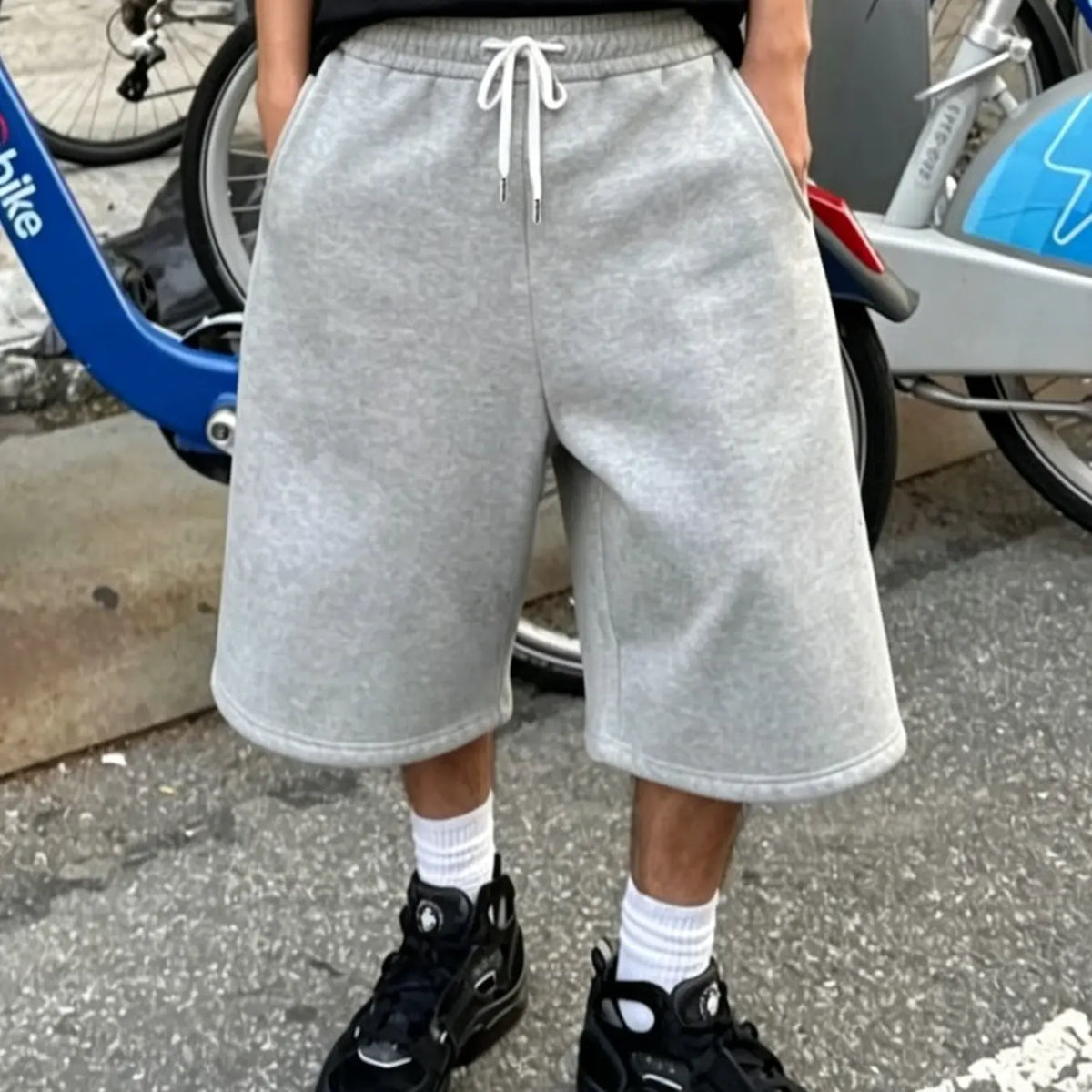 Solid Color Plain Casual Baggy Three-Quarter Pants, Comfortable Stretch Fabric, Streetwear Style, Unisex, Five Sizes Available, Man
