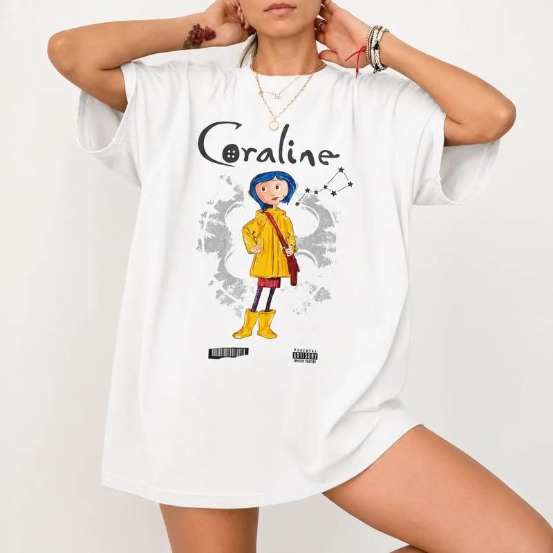 Streetwear Coraline Graphic T-Shirt, Unisex Oversized Fit with Spooky Constellation Print, Short Sleeve Cotton Blend Creepy Cute Movie Fan Top, Shortsleeve, Clothes, Fitted, Geometric