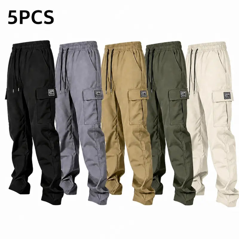 Men’s solid color tactical cargo pants — durable outdoor training pants with sport pockets; suitable for all seasons; casual streetwear pants.