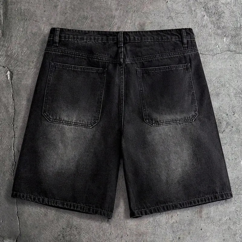 Men's High-Cotton Flame Pattern Rhinestone Accents Denim Shorts - Vintage Black Washed Loose-Fit Menswear Fashion Short-Length Men's Jeans, Y2K Trendy Casual Summer Knee-Length Bottoms