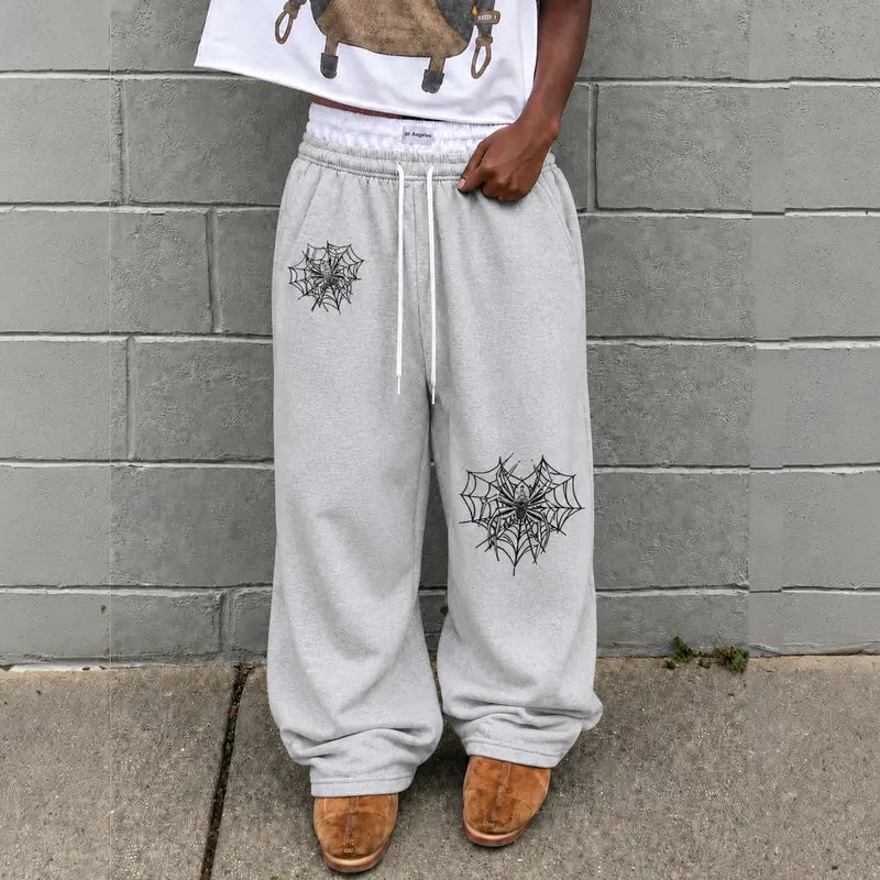 Men's Baggy Sweatpants 100% Cotton Spiderweb Graphic Pants, Relaxed Wide Leg Jogger Pants with Elastic Drawstring Waist, Deep Pockets, Streetwear Lounge Bottoms for Men, Casual Track Pants for Weekend Outfits
