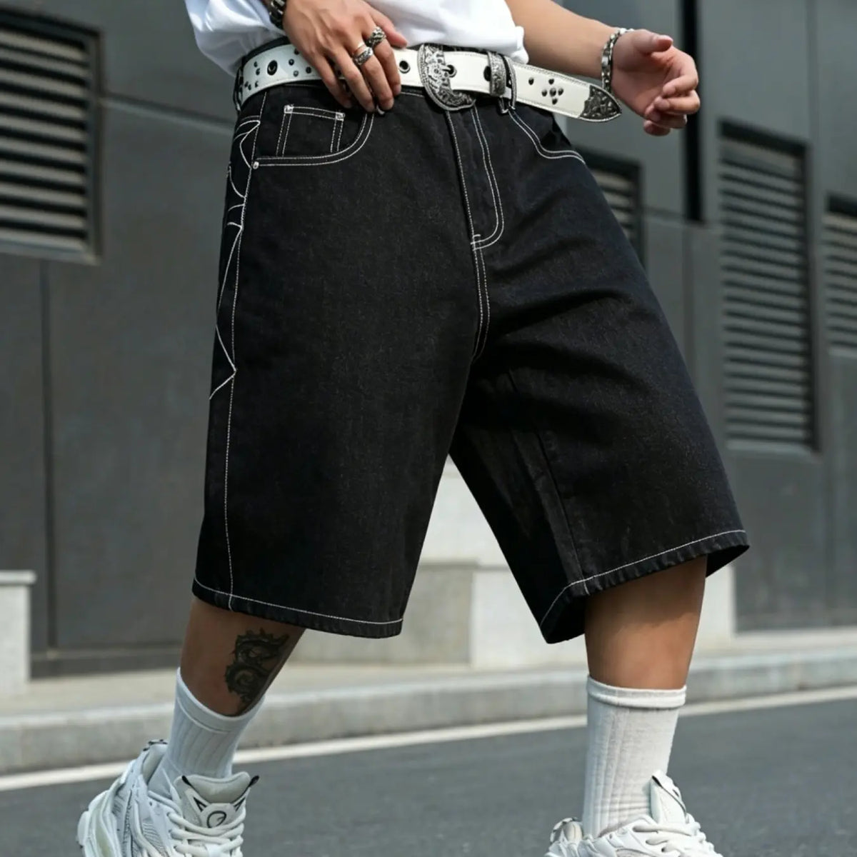 Men's American High Street Spider Embroidery Wide-Leg Denim Shorts, Straight-Leg Capri Pants, Casual Streetwear Shorts