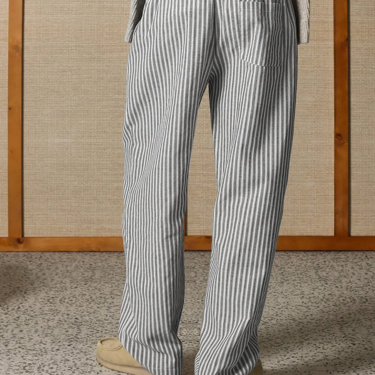 Men's Casual Striped Pants Breathable Cotton Linen Drawstring Elastic Waist Straight Leg Trousers For Men Lounge Work Outdoor
