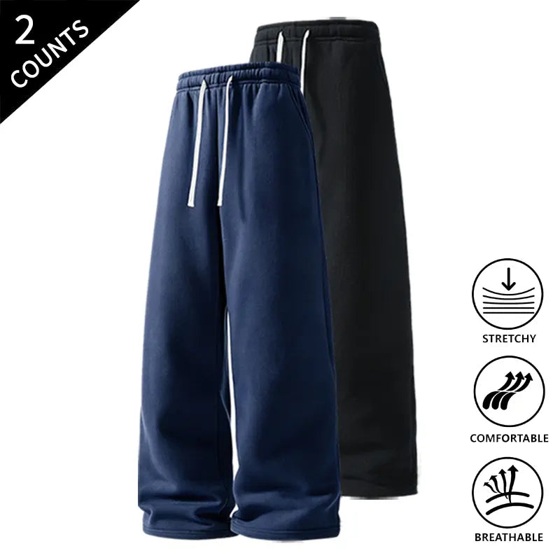 Men’s 2-Pack Baggy Sweatpants - Mid-Waist Plain Casual Straight-Leg Menswear Pants with Drawstring Waist, Comfortable, Stretchable, Breathable, Ideal for Loungewear, Travel