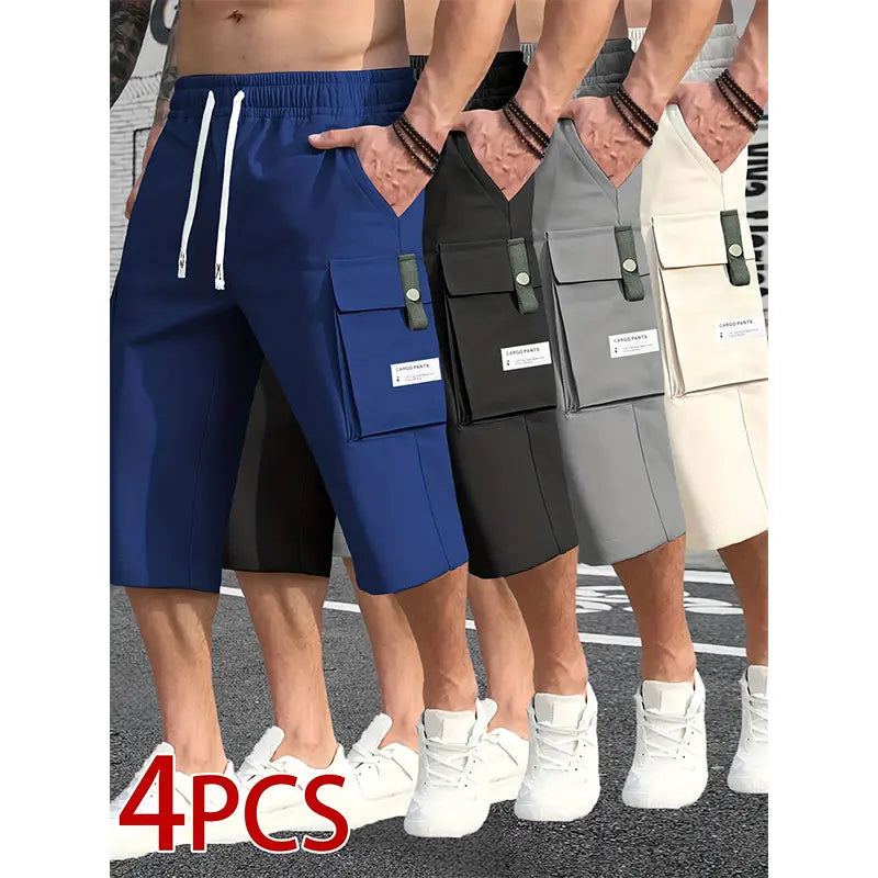 Men's 4-Pack Baggy Cargo Shorts - Menswear Oversized Loose-Fit Drawstring Shorts Set, Fashionable Street Style, Large Pockets, Ideal for Summer Outdoor Wear