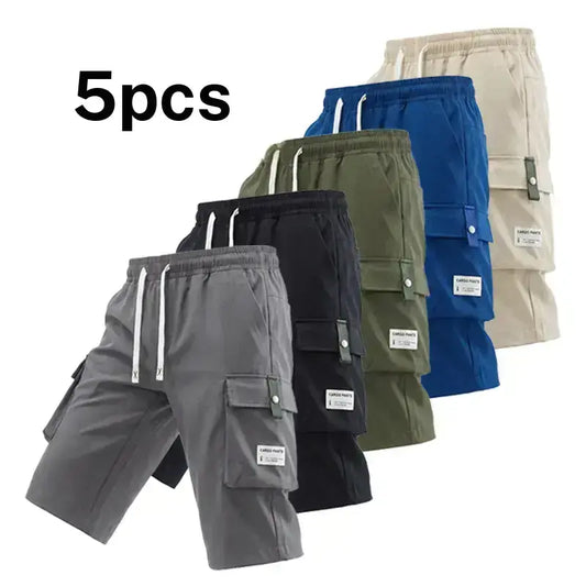 Men's Regular Woven Non-Stretch Fabric Cargo Shorts 5-Pack - 7/8 Knee Length, Mid-Waist, Loose Baggy Style, Elastic Drawstring Waist, Large Pockets, Letter Patch Design, Summer Casual Athletic Bottoms