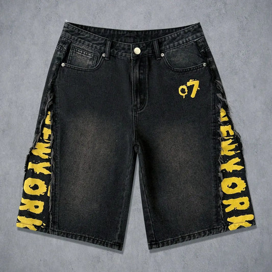 Men's Vintage Fashion Letter Print Denim Shorts, Casual Streetwear Clothes Outdoor Loose Baggy Wide-Leg Shorts, Trendy and Comfortable Menswear Summer Youth Bottoms