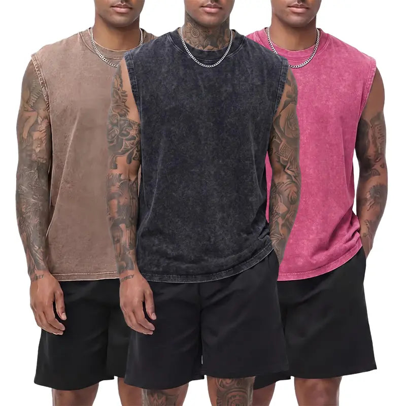 3-pack vintage textured pure cotton sleeveless T-shirts with a distressed wash; crew neck, wide shoulders; casual athletic base layer tank tops for sports, leisure, fitness, running, and basketball. Athleisure Tee Activewear T Shirts