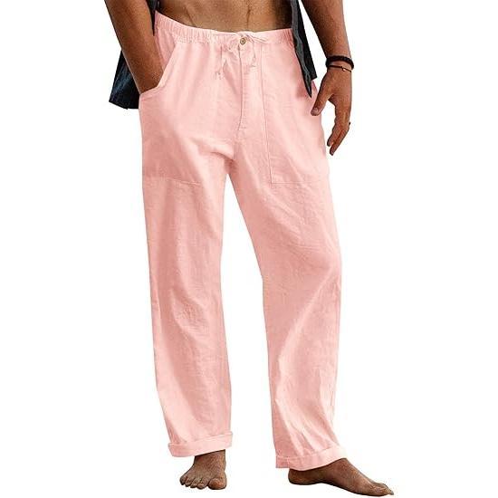 Runcati Men's Cotton Pants Yoga Beach Loose Summer Elastic Waist Drawstring Loose Pants with Pocket