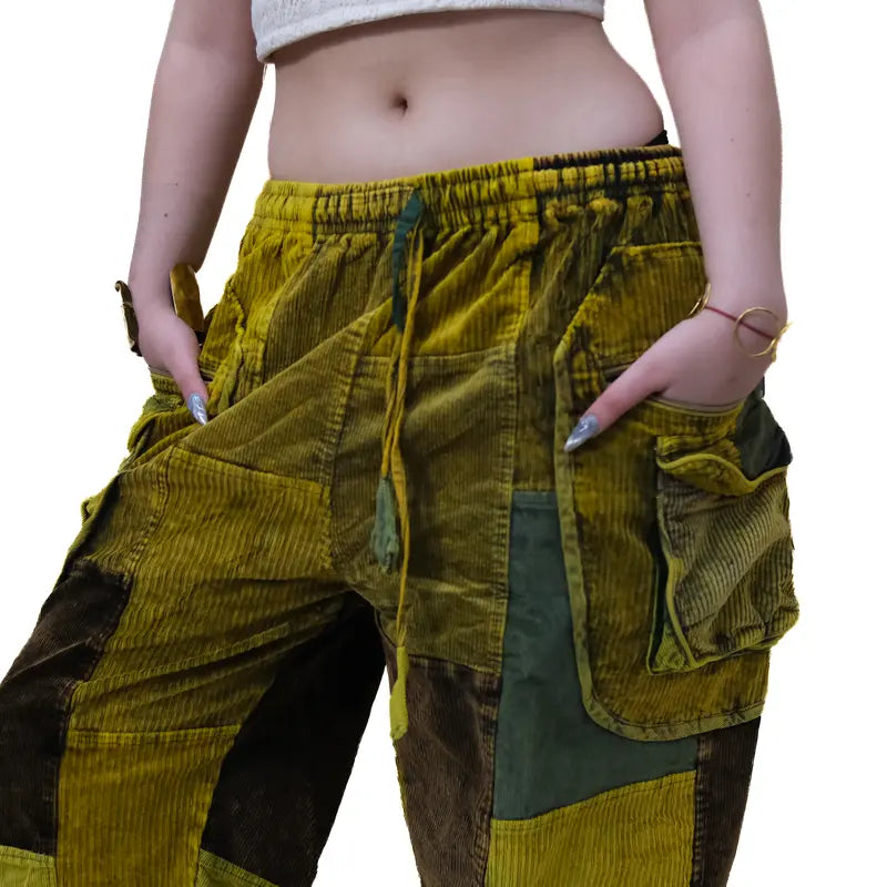 Patchwork Corduroy Baggy Tapered Cuffed Pants - Unisex  Compatible, Soft Unisex Boho Hippie Gothic Warm Fall Winter Trousers, Multi-Pocket Handmade Stylish Earth Tone Free Spirit XS-3XL Pants