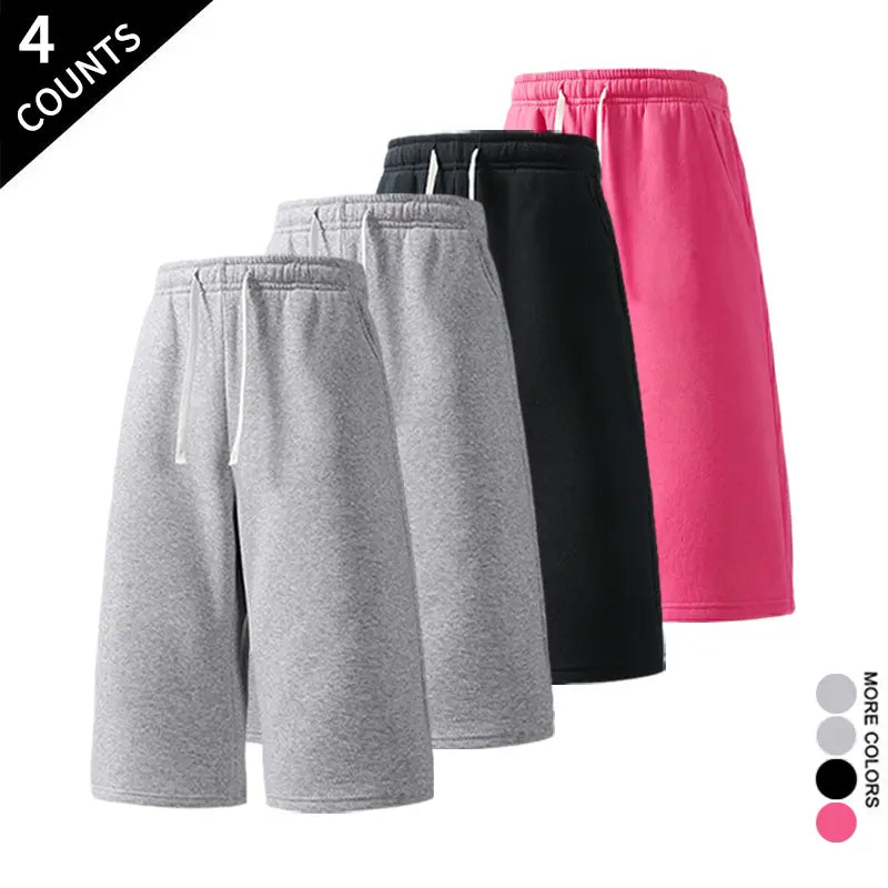 Men's 4-Pack 7-In Wide Leg Sweat Shorts - Elastic Waist, Drawstring, Deep Side Pockets, Sporty Chic Streetwear Shorts, Loose Fit Sweat Jorts, Easy Go-To for Casual Weekends, Ready for Gym, Errands, Travel (Light Gray, Black, Blush Pink, Dark Gray)