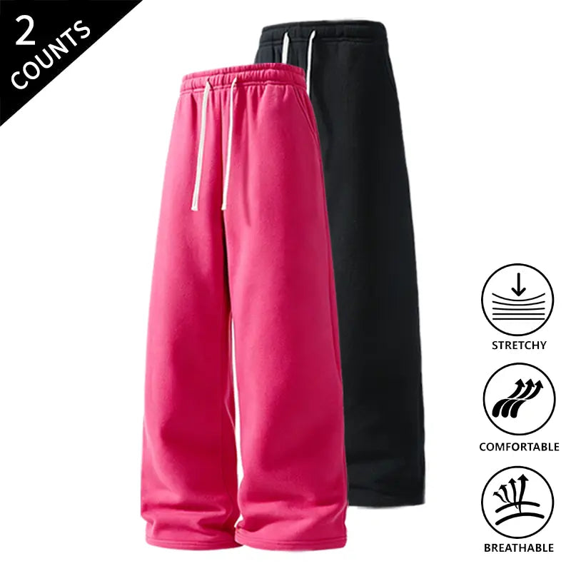 Men’s 2-Pack Baggy Sweatpants - Mid-Waist Plain Casual Straight-Leg Menswear Pants with Drawstring Waist, Comfortable, Stretchable, Breathable, Ideal for Loungewear, Travel