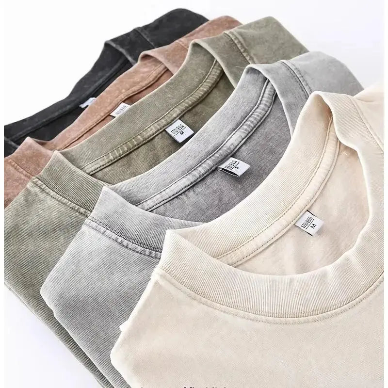 Men's 4-Pack Baggy Oversized Heavyweight Acid Wash Cotton Short-Sleeve Classic Crew Neck Tees - Loose-Fit, Breathable Cotton Keeps Workouts Cool, Built for Gym Street Lounge, Easy-Care Tops (Black, Coffee, Grey)