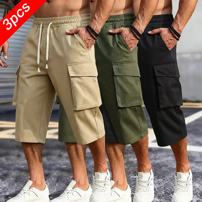 Menswear Men's Lightweight Polyester Outdoor Cargo Shorts - Drawstring Waist, Cargo Pockets, Casual Beige, Suitable for Camping, Hiking