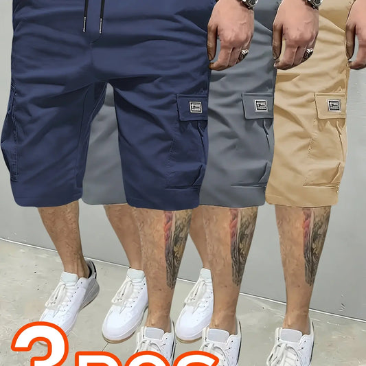 3 pieces 3counts 3pcs Men's Summer Casual Outdoor Shorts, Wear-Resistant Workwear Pants, Plain Color Cargo Shorts with Multiple Pockets, Elastic Waist