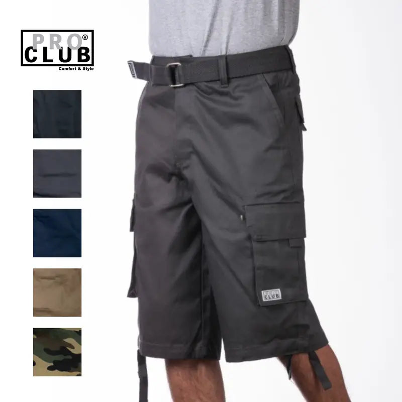Pro Club Men's Cotton Twill Cargo Shorts With Belt - Breathable Relaxed Fit, 6 Pockets, Removable Belt, Plain Long Fabric for Summer Menswear