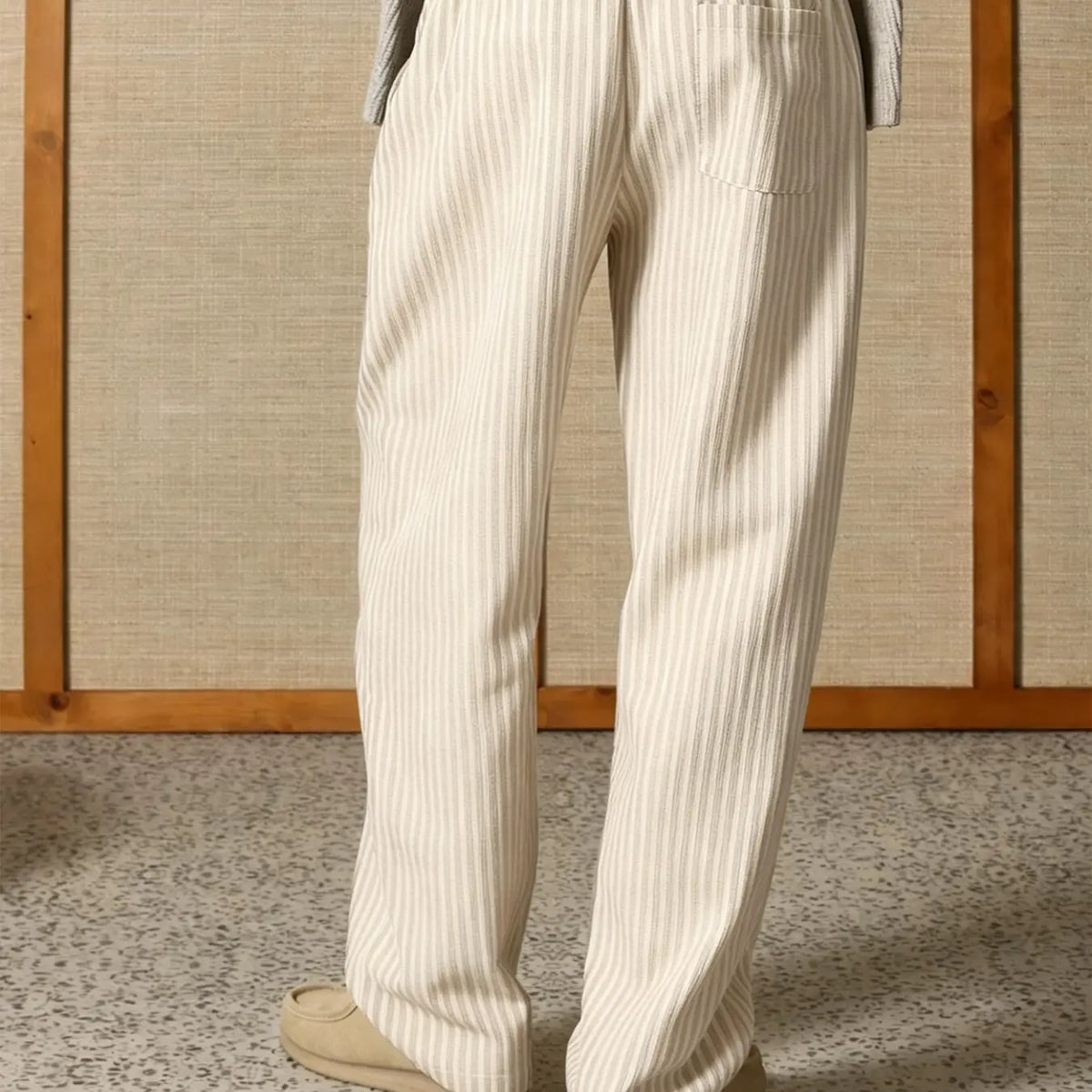 Men's Casual Striped Pants Breathable Cotton Linen Drawstring Elastic Waist Straight Leg Trousers For Men Lounge Work Outdoor