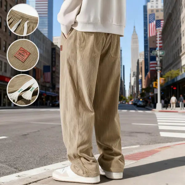 Men's 2-Pack Chic Cozy Long Cord Basics Pants - Men's Wear, Polyester Fabric, Washed Look, Loose Baggy Wide-Leg, Adjustable Drawstring, Pocketed for Autumn Winter Casual Wear