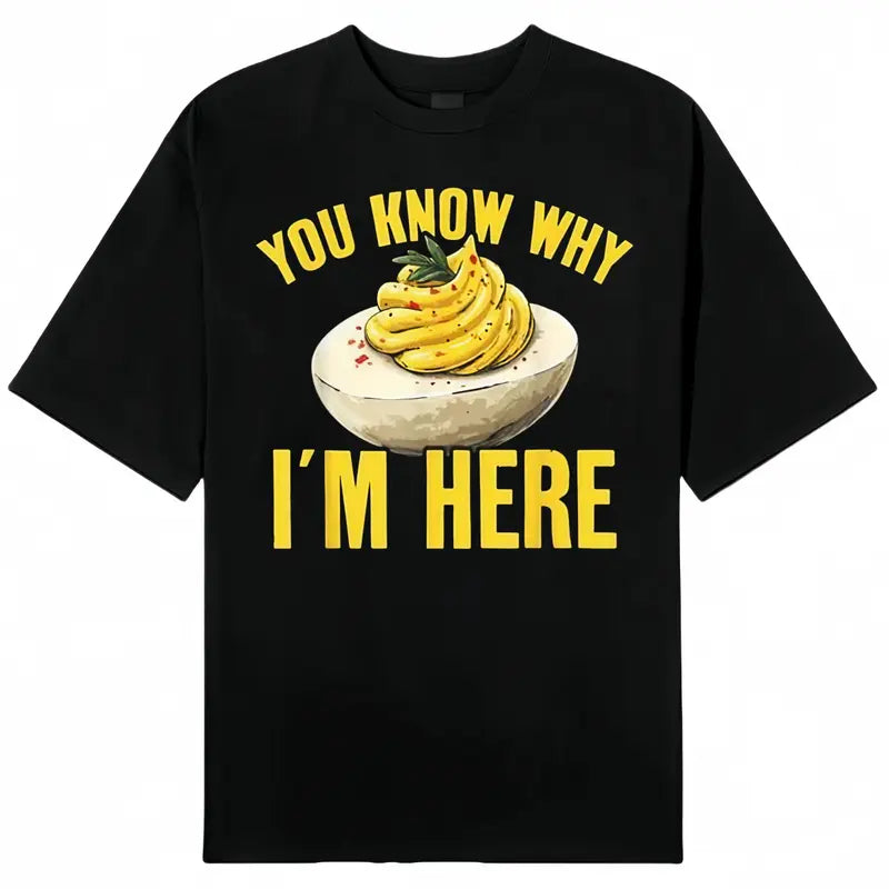 Cotton Tee Retro Thanksgiving Dinner You Know Why I'm Here Deviled Egg T-Shirt Black Crewneck Menswear Top Short Sleeve Streetwear