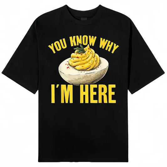 Cotton Tee Retro Thanksgiving Dinner You Know Why I'm Here Deviled Egg T-Shirt Black Crewneck Menswear Top Short Sleeve Streetwear