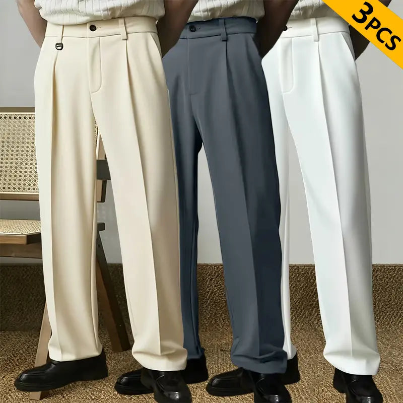 Men's 3-Pack Classic Straight-Leg Chic Pants - Polyester Solid Color with Pockets, Retro Japanese Business Casual Men's Pants for Daily Wear & Commuting, Chic Men's Pants