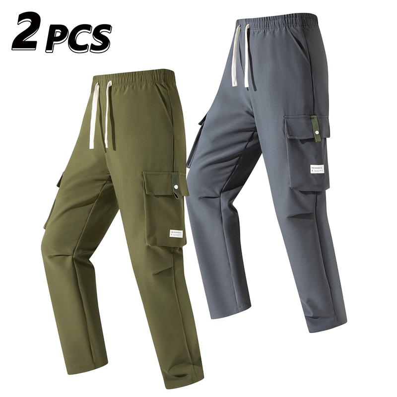 Men’s Cargo Pants - Menswear, Plain Basic Minimalist Polyester, Drawstring Elastic Waistband, Multiple Pockets, Versatile for Spring Autumn Everyday Casual Back-to-School Wear