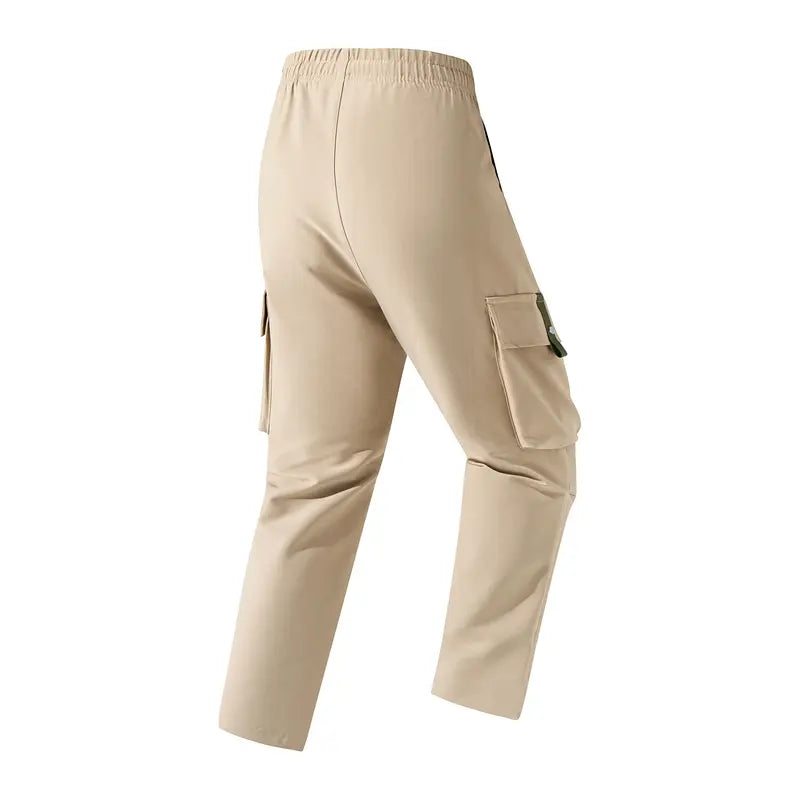 Men’s Cargo Pants - Menswear, Plain Basic Minimalist Polyester, Drawstring Elastic Waistband, Multiple Pockets, Versatile for Spring Autumn Everyday Casual Back-to-School Wear