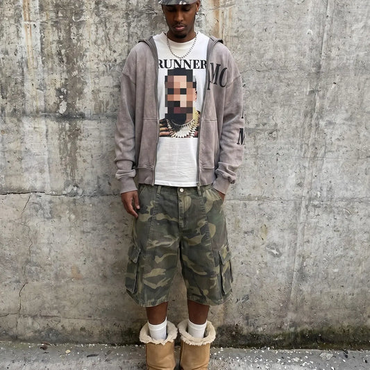 Camouflage Shorts, Workwear Denim Shorts, Multi-Pocket Denim Shorts, Summer Pants, Loose-Fit, Street Style, Cotton, Hip-Hop Fashion, Camo Cargo Short, Camouflage Streetwear Shorts