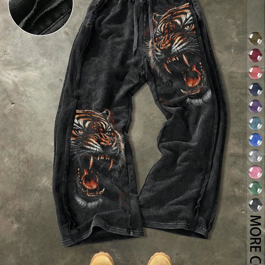 Men's Casual Loose Cotton Pants, Tiger Print, Street Style, Drawstring Waist, Ankle Length, All Seasons, Ideal for Outdoor & Gifts