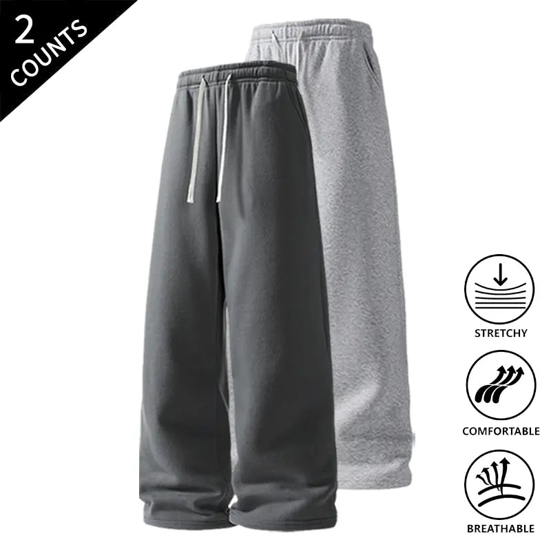Men’s 2-Pack Baggy Sweatpants - Mid-Waist Plain Casual Straight-Leg Menswear Pants with Drawstring Waist, Comfortable, Stretchable, Breathable, Ideal for Loungewear, Travel