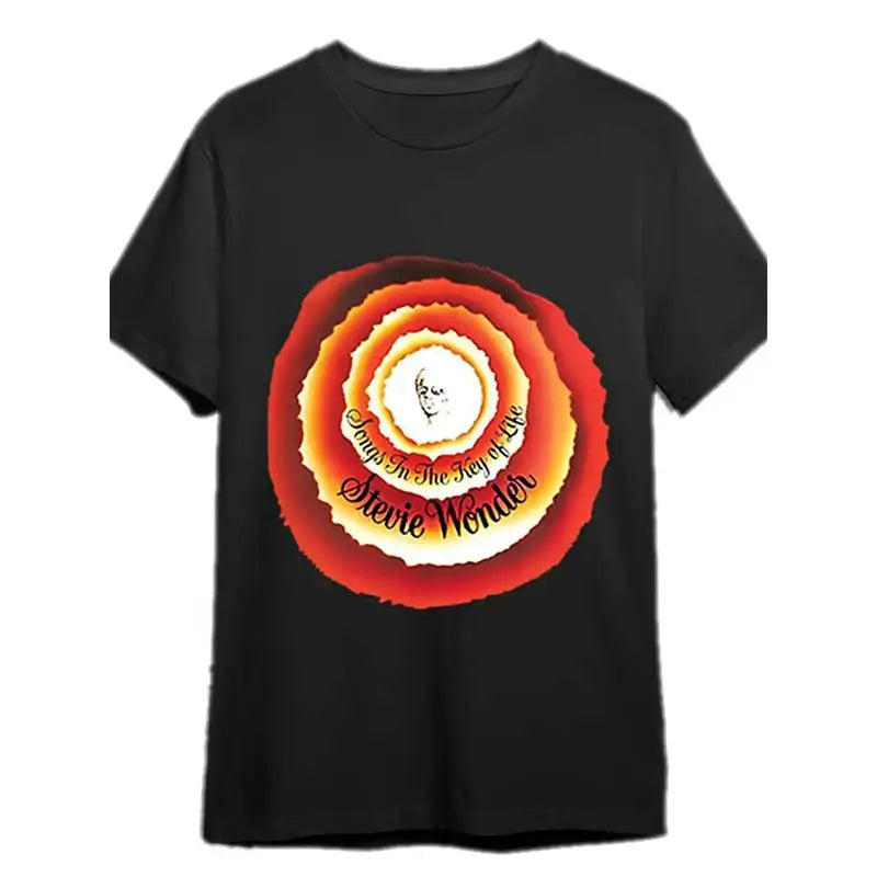 [Iconic Music] Stevie Wonder "Songs in the Key of Life" Graphic Men’s Cotton T-Shirt - Black Short Sleeve Casual Tee with Vibrant Flame Design, Machine Washable, 100% Cotton, Round Neck, Regular Fit