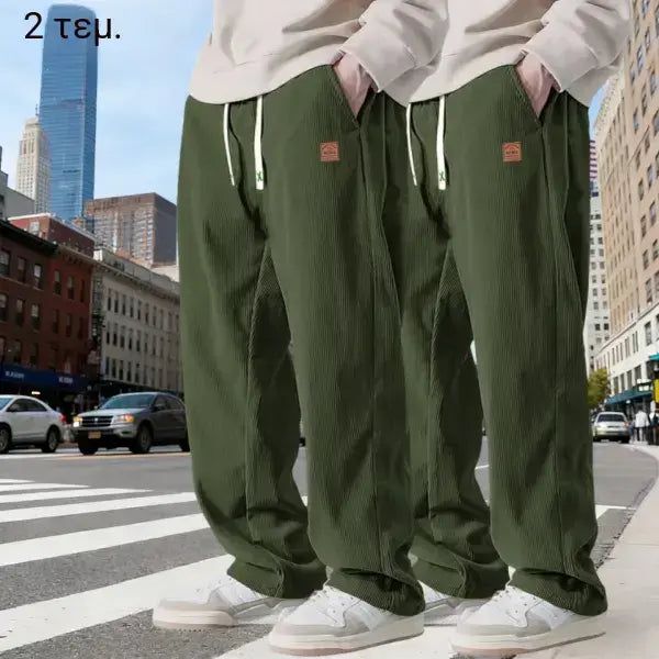 Men's 2-Pack Chic Cozy Long Cord Basics Pants - Men's Wear, Polyester Fabric, Washed Look, Loose Baggy Wide-Leg, Adjustable Drawstring, Pocketed for Autumn Winter Casual Wear