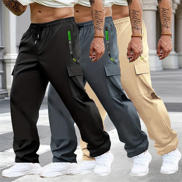 Men's Multi-Pack Cargo Work Pants - Lightweight Stretch Waist Activewear with Multiple Pockets, Comfortable Fit Casual Athletic Men's Wear, Plain Outdoor to Office Menswear