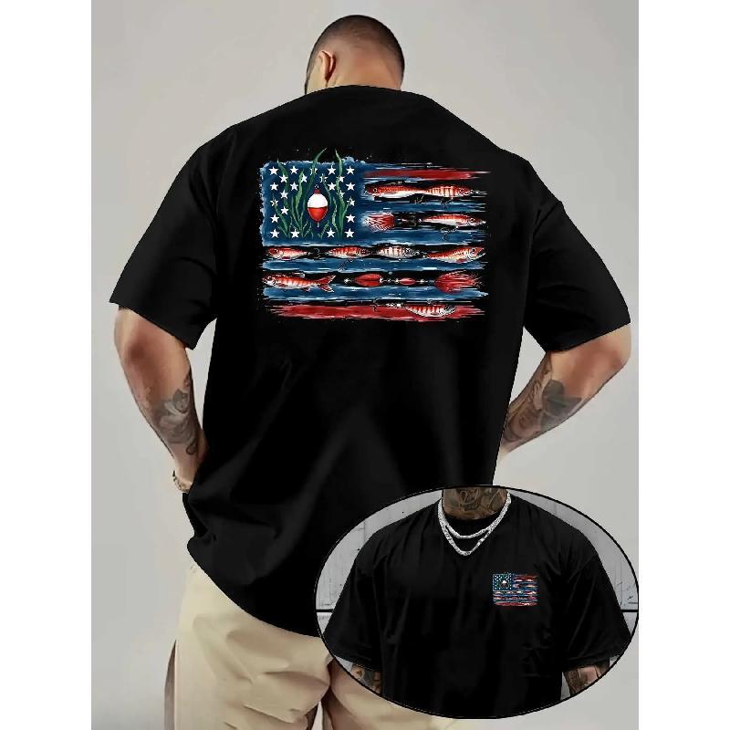American Flag And Fish Print Short-Sleeve T-Shirt. The Design Combines The American Flag with Fishing Elements, Making It Suitable for Outdoor Fishing Enthusiasts in Summer. It'S a Great Father'S Day Gift Or a Special Present for Fishing Lovers.