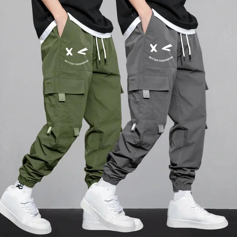 Men's Cartoon Face & Letter Print Drawstring Waist Cargo Pants, Casual Regular Fit Utility Jogger Bottoms, Men's Trousers for All Seasons, Pants for Men, Mens Pants, Pants for Men Menswear Grey