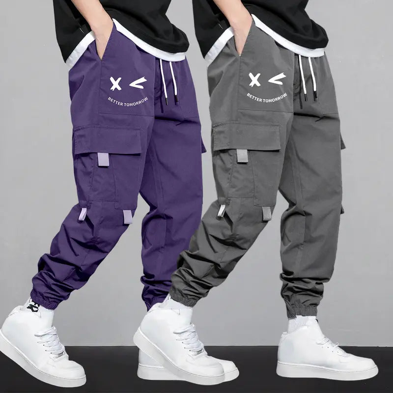 Men's Cartoon Face & Letter Print Drawstring Waist Cargo Pants, Casual Regular Fit Utility Jogger Bottoms, Men's Trousers for All Seasons, Pants for Men, Mens Pants, Pants for Men Menswear Grey