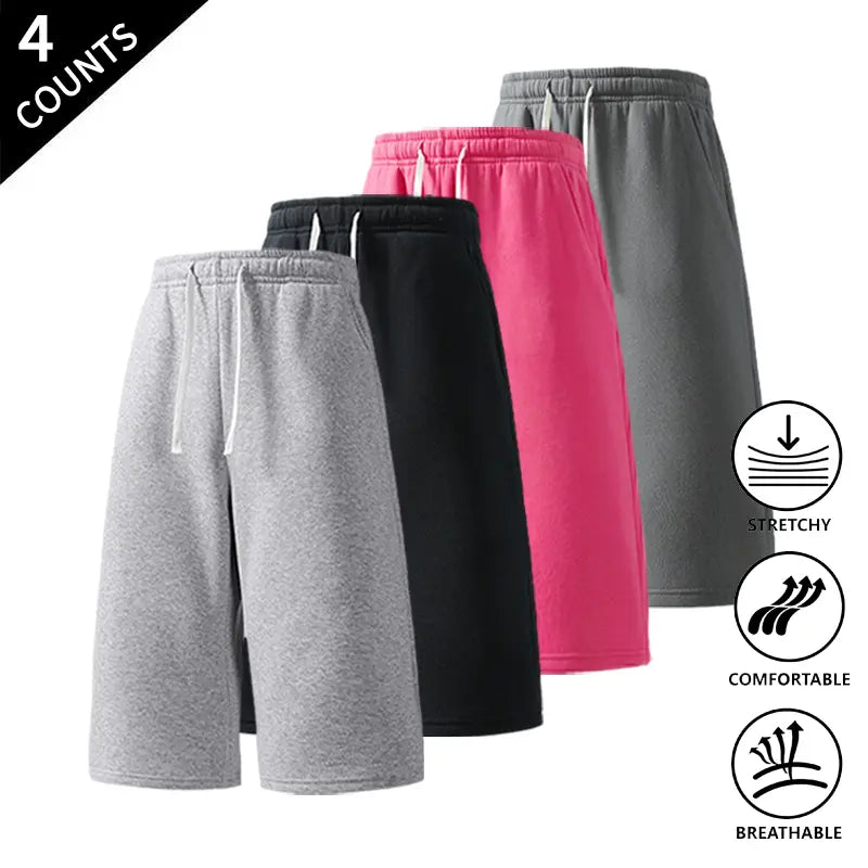 Men's Plain Stretchy Polyester Mid-Calf Cropped Trousers 4-Pack - Activewear Bottoms, Move with Ease, Outdoor Ready for Casual Use - Light Gray, Black, Rose Red, Navy Blue