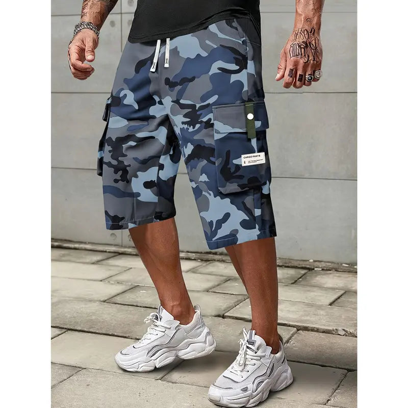 Men's Cropped Athletic Casual Cargo Shorts - Multi-Pocket Cargo Style, Elastic Waist, Adjustable Drawstring, Digital Print, Above-Knee, Cold Wash, XXS Size, Father’s Day Gift for Sports & Outdoor Activities, Athletic Casual Shorts