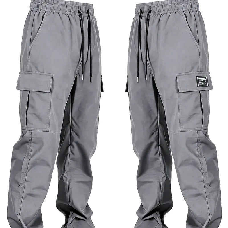 Men’s solid color tactical cargo pants — durable outdoor training pants with sport pockets; suitable for all seasons; casual streetwear pants.