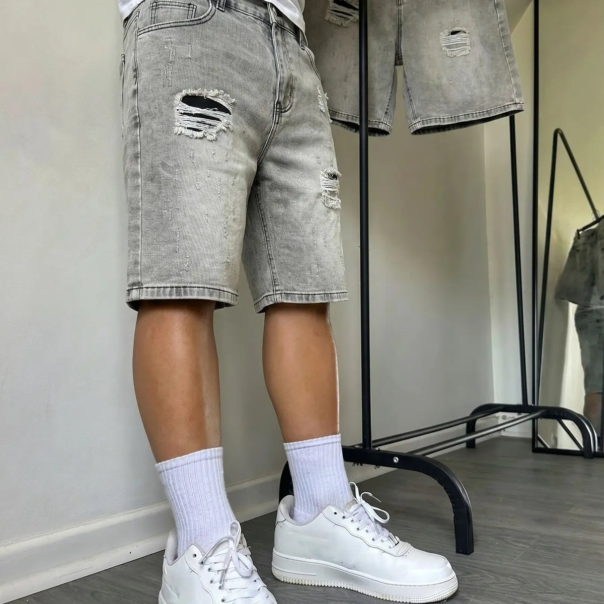 Summer Loose fit ripped 5-inch Loose Plain denim Jean shorts Cotton non-stretch straight cut, hip-hop streetwear street style, breathable & versatile, ideal for daily commuting casual wear
