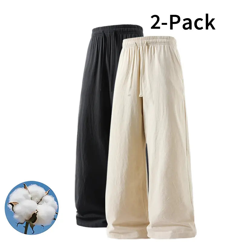 Men's 2-Pack Casual Linen-Cotton Blend Drawstring Pants, Baggy Fit, Lightweight, Anti-Wrinkle, Non-See-Through Menswear Trousers