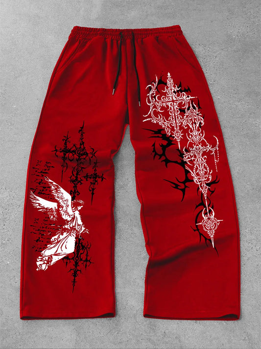 Men's and women's straight-leg Fitted pants featuring Gothic, Graphic Prints and angel motifs, These pants are perfect for streetwear, All Seasons Trousers, and ideal for both campus and everyday wear